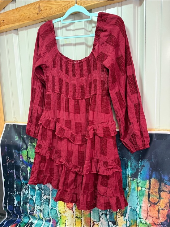 Altar'd State Dresses & Skirts - Textured Ruffled Tiered Dress in Deep Wine Red